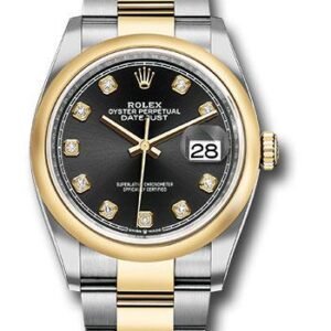 Rolex Steel and Yellow Gold Rolesor Datejust 36 Watch - Domed Bezel - Black Diamond Dial - Oyster Bracelet - 126203 bkdo