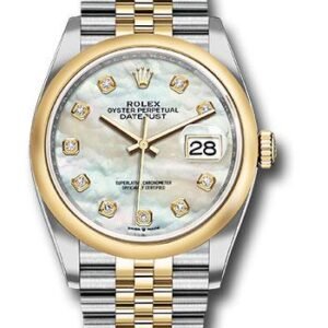 Rolex Steel and Yellow Gold Rolesor Datejust 36 Watch - Domed Bezel - White Mother-Of-Pearl Diamond Dial - Jubilee Bracelet - 126203 mdj
