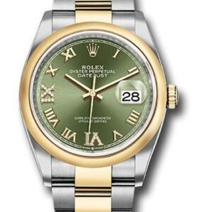 Rolex Steel and Yellow Gold Rolesor Datejust 36 Watch - Domed Bezel - Olive Green Roman Dial - Oyster Bracelet - 126203 ogdr69o