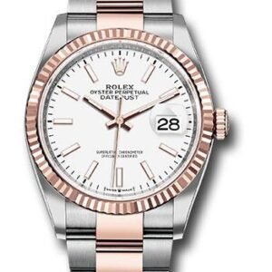 Rolex Steel and Everose Rolesor Datejust 36 Watch - Fluted Bezel - White Index Dial - Oyster Bracelet - 126231 wio