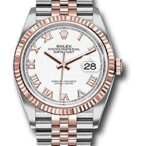 Rolex Steel and Everose Rolesor Datejust 36 Watch - Fluted Bezel - White Roman Dial - Jubilee Bracelet - 126231 wrj