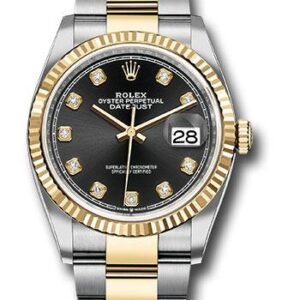 Rolex Steel and Yellow Gold Rolesor Datejust 36 Watch - Fluted Bezel - Black Diamond Dial - Oyster Bracelet - 126233 bkdo