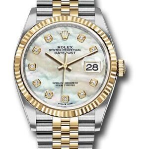 Rolex Steel and Yellow Gold Rolesor Datejust 36 Watch - Fluted Bezel - White Mother-Of-Pearl Diamond Dial - Jubilee Bracelet - 126233 mdj