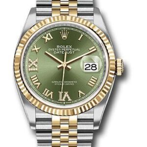 Rolex Steel and Yellow Gold Rolesor Datejust 36 Watch - Fluted Bezel - Olive Green Roman Dial - Jubilee Bracelet - 126233 ogdr69j