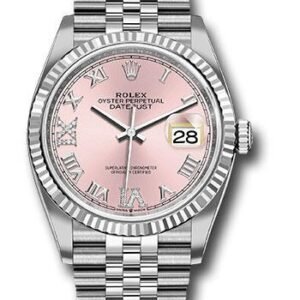 Rolex Steel Datejust 36 Watch - Fluted Bezel - Pink Diamond Roman VI and IX Dial - Jubilee Bracelet - 2019 Release - 126234 pdr69j
