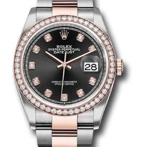 Rolex Steel and Everose Rolesor Datejust 36 Watch - Diamond Bezel - Black Diamond Dial - Oyster Bracelet - 126281RBR bkdo