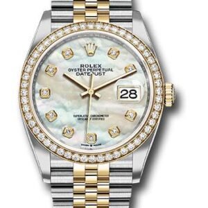 Rolex Steel and Yellow Gold Rolesor Datejust 36 Watch - Yellow Diamond Bezel - White Mother-Of-Pearl Diamond Dial - Jubilee Bracelet - 126283RBR mdj