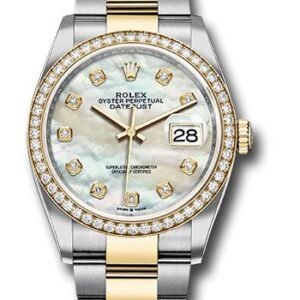 Rolex Steel and Yellow Gold Rolesor Datejust 36 Watch - Diamond Bezel - White Mother-Of-Pearl Diamond Dial - Oyster Bracelet - 126283RBR mdo