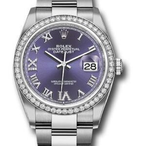 Rolex Steel Datejust 36 Watch - Diamond Bezel - Aubergine Purple Diamond Roman VI and IX Dial - Oyster Bracelet - 2019 Release - 126284RBR audr69o