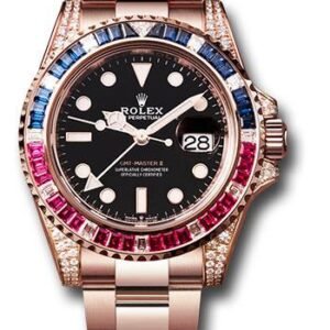 Rolex Everose GMT-Master II 40 Watch - Diamond Lugs - Diamond Sapphire Emerald Bezel - Black Dial - Oyster Bracelet - 126755SARU bk