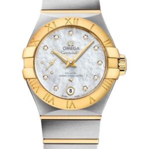 Omega Constellation Co-Axial Master CHRONOMETER Small Seconds Petite Seconde Watch - 27 mm Steel And Yellow Gold Case - White Mother-Of-Pearl Diamond Dial - 127.20.27.20.55.002