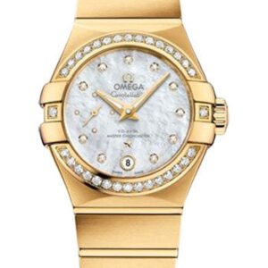 Omega Constellation Co-Axial Master CHRONOMETER Small Seconds Petite Seconde Watch - 27 mm Yellow Gold Case - White Mother-Of-Pearl Diamond Dial - 127.55.27.20.55.002