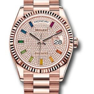 Rolex Everose Gold Day-Date 36 Watch - Fluted Bezel - Diamond-Paved Rainbow Sapphire Dial - President Bracelet - 128235 dprsp