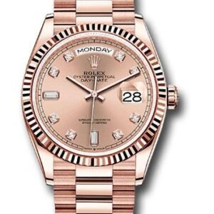 Rolex Everose Gold Day-Date 36 Watch - Fluted Bezel - Rose Diamond Dial - President Bracelet - 128235 rodp