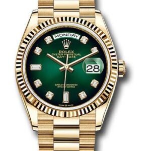 Rolex Yellow Gold Day-Date 36 Watch - Fluted Bezel - Green Ombre Diamond Dial - President Bracelet - 128238 godp