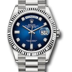 Rolex White Gold Day-Date 36 Watch - Fluted Bezel - Blue Ombre Diamond Dial - President Bracelet - 128239 blodp