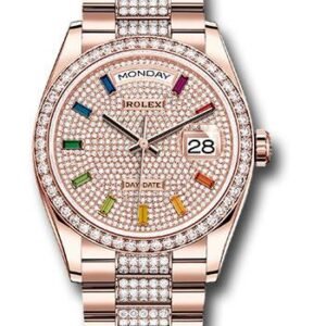 Rolex Everose Gold Day-Date 36 Watch - Diamond Bezel - Diamond-Paved Rainbow Sapphire Dial - Diamond President Bracelet - 128345RBR dprsdp