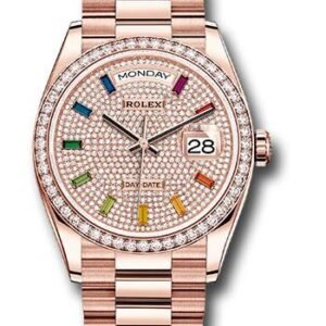 Rolex Everose Gold Day-Date 36 Watch - Diamond Bezel - Diamond-Paved Rainbow Sapphire Dial - President Bracelet - 128345RBR dprsp