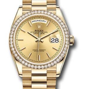 Rolex Yellow Gold Day-Date 36 Watch - Diamond Bezel - Champagne Index Dial - President Bracelet - 128348RBR chip