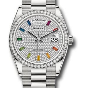 Rolex White Gold Day-Date 36 Watch - Diamond Bezel - Diamond Paved Rainbow Sapphire Dial - President Bracelet - 128349RBR dprsp
