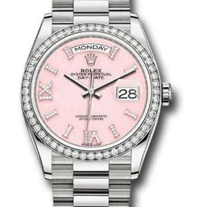 Rolex White Gold Day-Date 36 Watch - Diamond Bezel - Pink Opal Diamond Hour Marker Dial - President Bracelet - 128349RBR podhmp