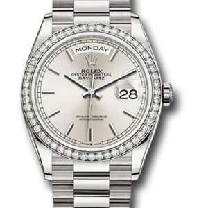 Rolex White Gold Day-Date 36 Watch - Diamond Bezel - Silver Index Dial - President Bracelet - 128349RBR sip