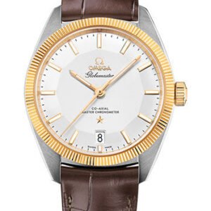 Omega Constellation Globemaster Co-Axial Master Chronometer Watch - 39 mm Steel And Yellow Gold Case - Yellow Gold Fluted Bezel - Silvery Dial - Brown Leather Strap - 130.23.39.21.02.001