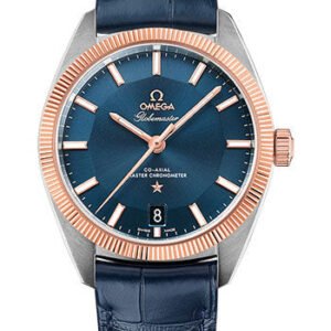 Omega Constellation Globemaster Co-Axial Master Chronometer Watch - 39 mm Steel And Sedna Gold Case - Sedna Gold Fluted Bezel - Blue Dial - Blue Leather Strap - 130.23.39.21.03.001