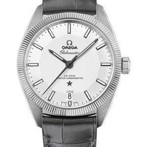 Omega Constellation Globemaster Co-Axial Master Chronometer Watch - 39 mm Steel Case - Fluted Bezel - Silver Dial - Grey Leather Strap - 130.33.39.21.02.001