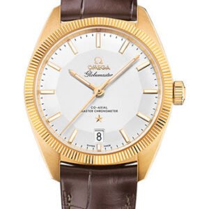 Omega Constellation Globemaster Co-Axial Master Chronometer Watch - 39 mm Yellow Gold Case - Fluted Bezel - Silvery Dial - Brown Leather Strap - 130.53.39.21.02.002