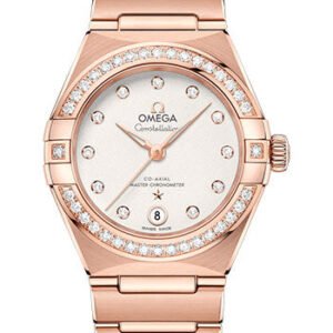 Omega Constellation Manhattan Co-Axial Master Chronometer Watch - 29 mm Sedna Gold Case - Diamond-Paved Bezel - Crystal White Silvery Diamond Dial - 131.55.29.20.52.001