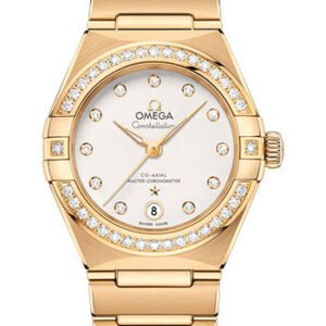 Omega Constellation Manhattan Co-Axial Master Chronometer Watch - 29 mm Yellow Gold Case - Diamond-Paved Bezel - Crystal White Silvery Diamond Dial - 131.55.29.20.52.002