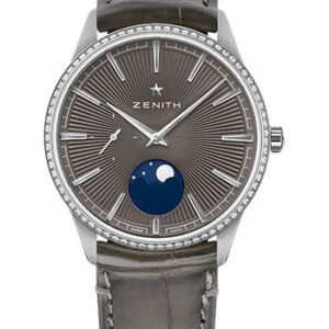 Zenith Elite Moonphase Watch - Steel - Diamond Bezel - Slate-Grey Dial - Grey Alligator Strap - 16.3200.692/03.C833