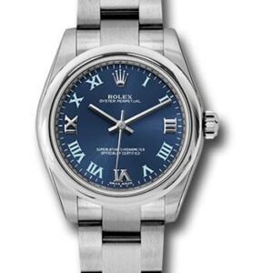 Rolex Steel Oyster Perpetual 31 Watch - Domed Bezel - Azzuro Blue Gold Iii VI Ix Roman Dial - 177200 blro