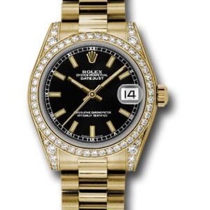 Rolex Yellow Gold Datejust 31 Watch - 48 Diamond Bezel - Black Index Dial - President Bracelet - 178158 bkip