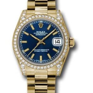 Rolex Yellow Gold Datejust 31 Watch - 48 Diamond Bezel - Blue Index Dial - President Bracelet - 178158 blip