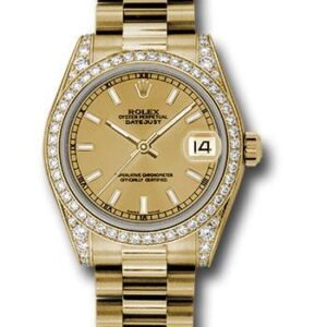 Rolex Yellow Gold Datejust 31 Watch - 48 Diamond Bezel - Champagne Index Dial - President Bracelet - 178158 chip
