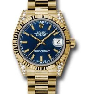 Rolex Yellow Gold Datejust 31 Watch - Fluted Bezel - Blue Index Dial - President Bracelet - 178238 blip