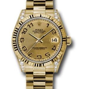 Rolex Yellow Gold Datejust 31 Watch - Fluted Bezel - Champagne Concentric Circle Arabic Dial - President Bracelet - 178238 chcap