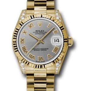 Rolex Yellow Gold Datejust 31 Watch - Fluted Bezel - Gray Roman Dial - President Bracelet - 178238 grp