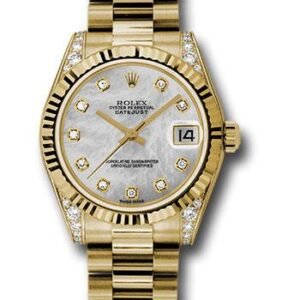 Rolex Yellow Gold Datejust 31 Watch - Fluted Bezel - Mother-Of-Pearl Diamond Dial - President Bracelet - 178238 mdp