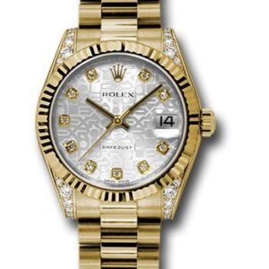 Rolex Yellow Gold Datejust 31 Watch - Fluted Bezel - Silver Jubilee Diamond Dial - President Bracelet - 178238 sjdp