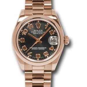 Rolex Pink Gold Datejust 31 Watch - Domed Bezel - Black Arabic Dial - President Bracelet - 178245 bkap