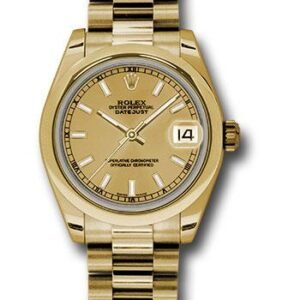 Rolex Yellow Gold Datejust 31 Watch - Domed Bezel - Champagne Concentric Circle Index Dial - President Bracelet - 178248 chip