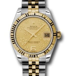 Rolex Steel and Yellow Gold Datejust 31 Watch - Fluted Bezel - Champagne Floral Motif Dial - Jubilee Bracelet - 178273 chfj