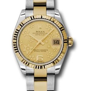 Rolex Steel and Yellow Gold Datejust 31 Watch - Fluted Bezel - Champagne Floral Motif Dial - Oyster Bracelet - 178273 chfo