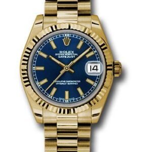 Rolex Yellow Gold Datejust 31 Watch - Fluted Bezel - Blue Index Dial - President Bracelet - 178278 blip