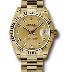 Rolex Yellow Gold Datejust 31 Watch - Fluted Bezel - Champagne Diamond Dial - President Bracelet - 178278 chdp