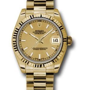 Rolex Yellow Gold Datejust 31 Watch - Fluted Bezel - Champagne Index Dial - President Bracelet - 178278 chip