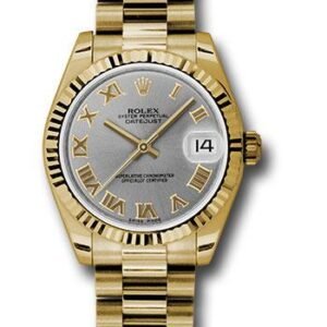 Rolex Yellow Gold Datejust 31 Watch - Fluted Bezel - Gray Roman Dial - President Bracelet - 178278 grp